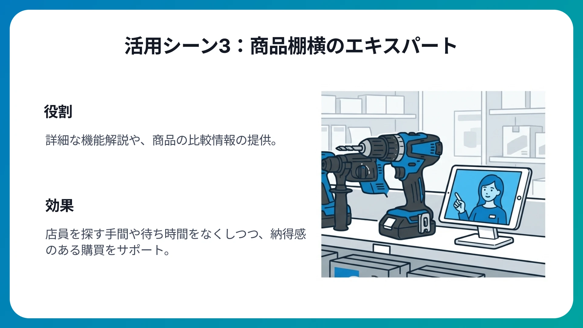 商品棚の横での商品アドバイザー